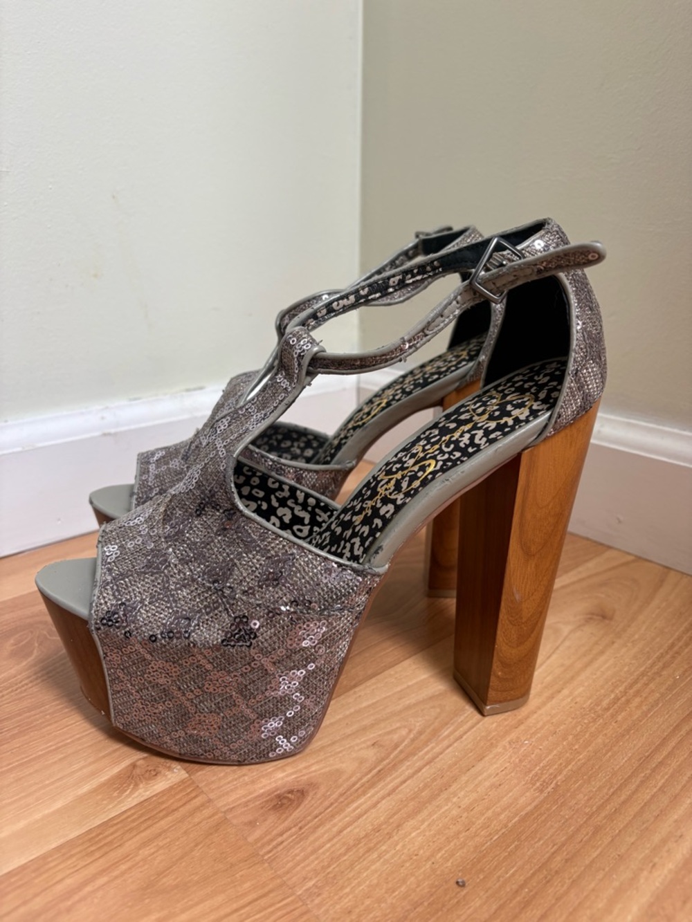 Jessica Simpson Dany Platform Heels in a pewter sequin